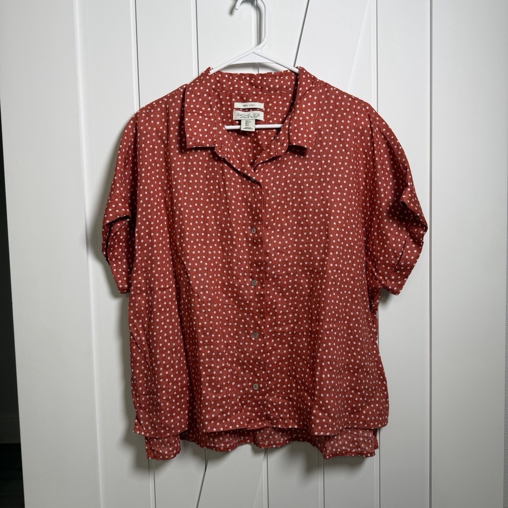 Rachel Zoe coral/red 100% linen Button Down shirt Size Large White Polka Dots